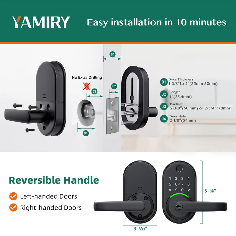 Yamiry Smart Door Handle Lock with Keypad: Yamiry Fingerprint Smart Knob - Keyless Entry Digital Lock for Front Door - Deadbolt with APP - Generate Passcode Remotely - DIY Installation - Image 5